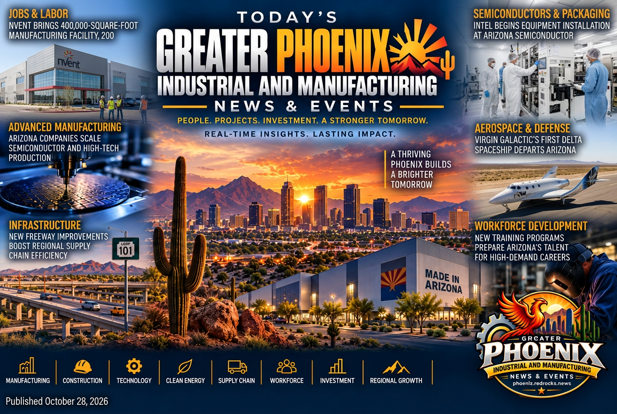 Illustrated summary of the top stories in the Greater Phoenix Industrial and Manufacturing News & Events Briefing — October 28, 2026 briefing