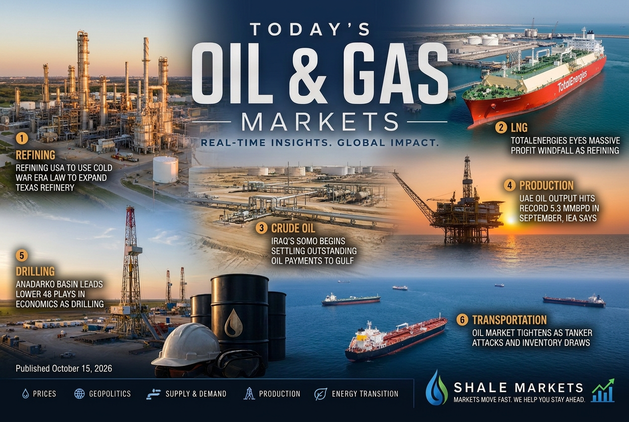 Illustrated summary of the top stories in the Shale Markets Briefing — October 15, 2026 briefing