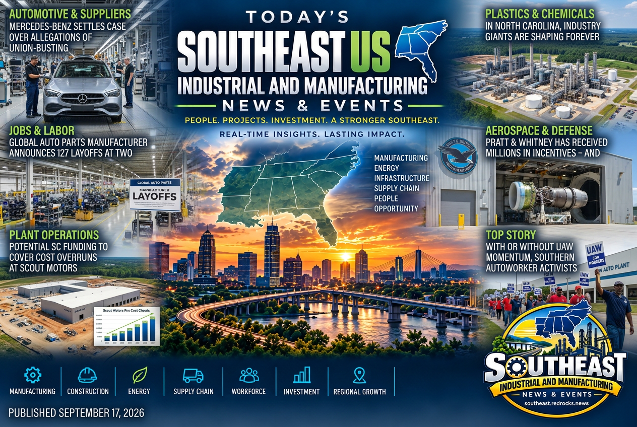 Illustrated summary of the top stories in the Southeast Industrial and Manufacturing News & Events Briefing — September 17, 2026 briefing