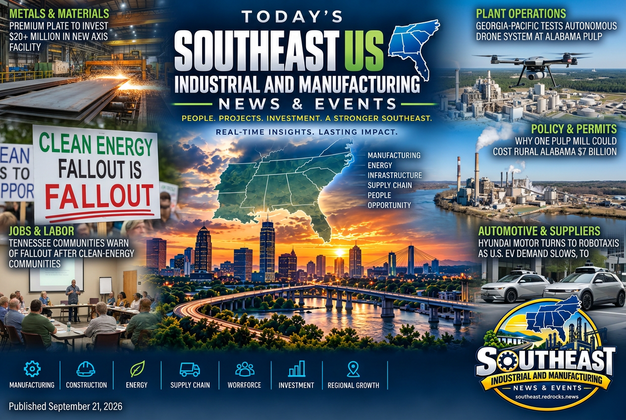 Illustrated summary of the top stories in the Southeast Industrial and Manufacturing News & Events Briefing — September 21, 2026 briefing