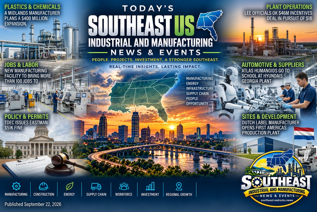 Illustrated summary of the top stories in the Southeast Industrial and Manufacturing News & Events Briefing — September 22, 2026 briefing