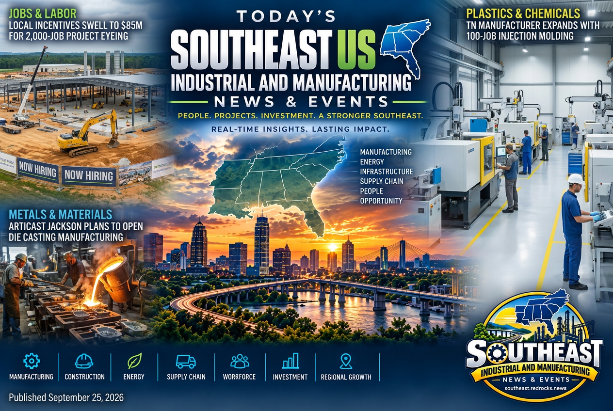 Illustrated summary of the top stories in the Southeast Industrial and Manufacturing News & Events Briefing — September 25, 2026 briefing