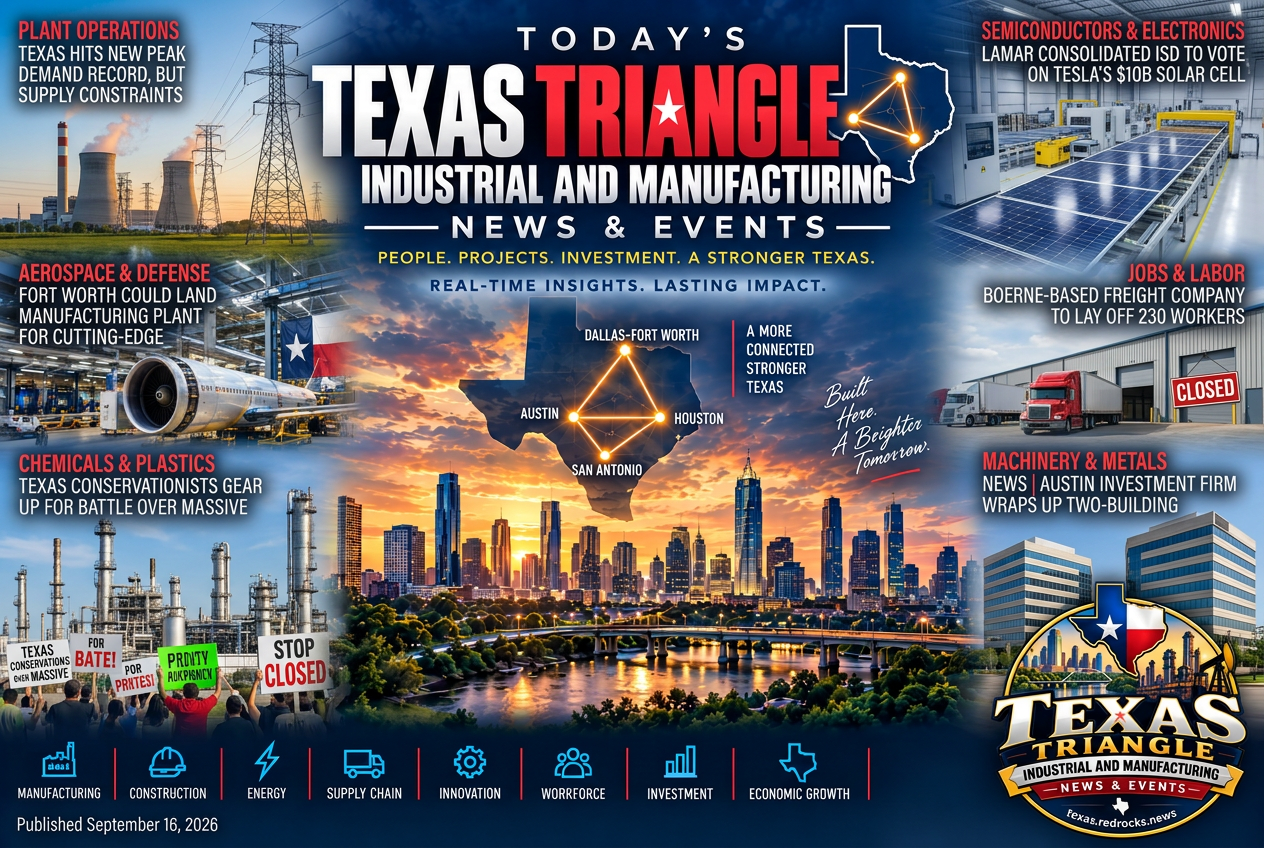 Illustrated summary of the top stories in the Texas Triangle Industrial and Manufacturing News & Events Briefing: Texas demand peaks, plant site decisions, layoffs, and industrial projects briefing