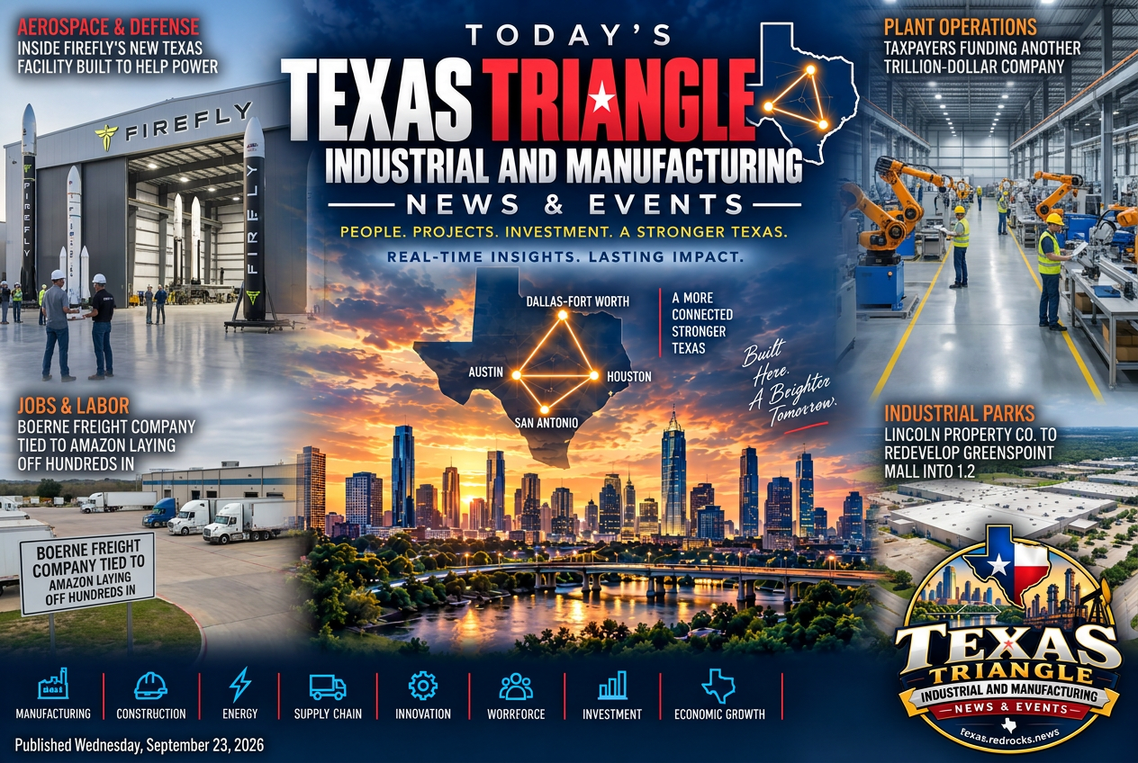 Illustrated summary of the top stories in the Texas Triangle Industrial and Manufacturing News & Events Briefing — September 23, 2026 briefing