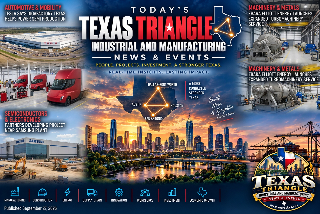 Illustrated summary of the top stories in the Texas Triangle Industrial and Manufacturing News & Events Briefing — September 27, 2026 briefing