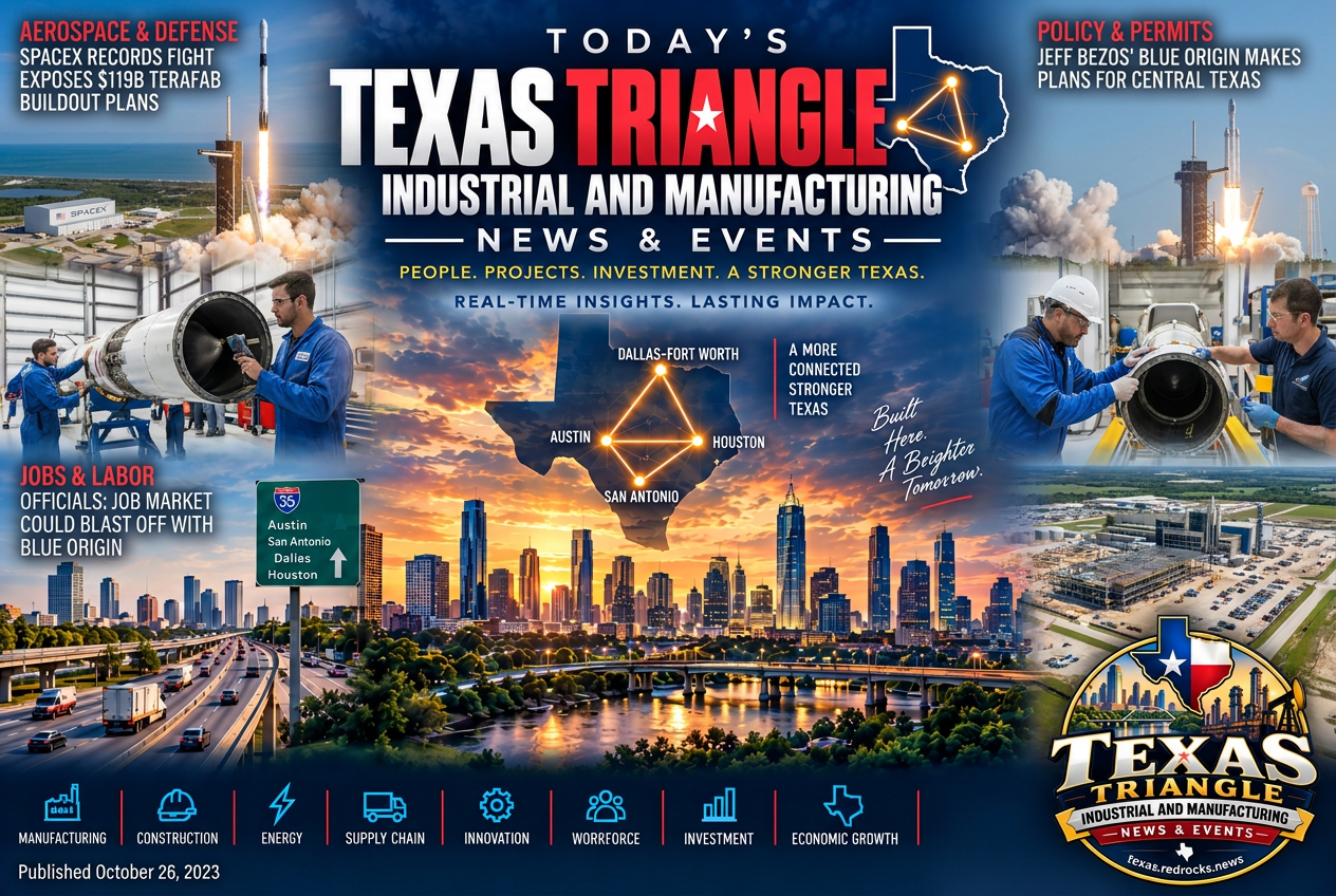 Illustrated summary of the top stories in the Texas Triangle Industrial and Manufacturing News & Events Briefing — October 9, 2026 briefing
