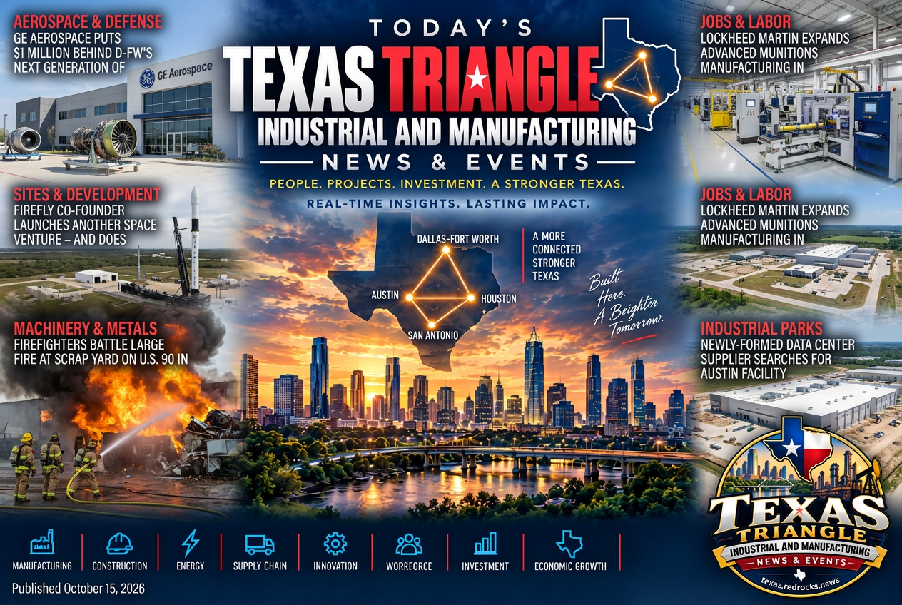 Illustrated summary of the top stories in the Texas Triangle Industrial and Manufacturing News & Events Briefing — October 15, 2026 briefing