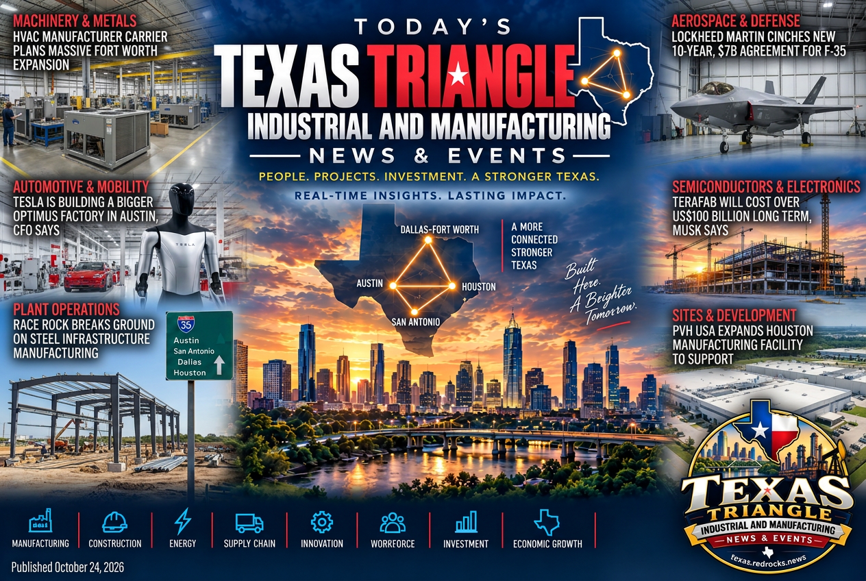 Illustrated summary of the top stories in the Texas Triangle Industrial and Manufacturing News & Events Briefing — October 24, 2026 briefing