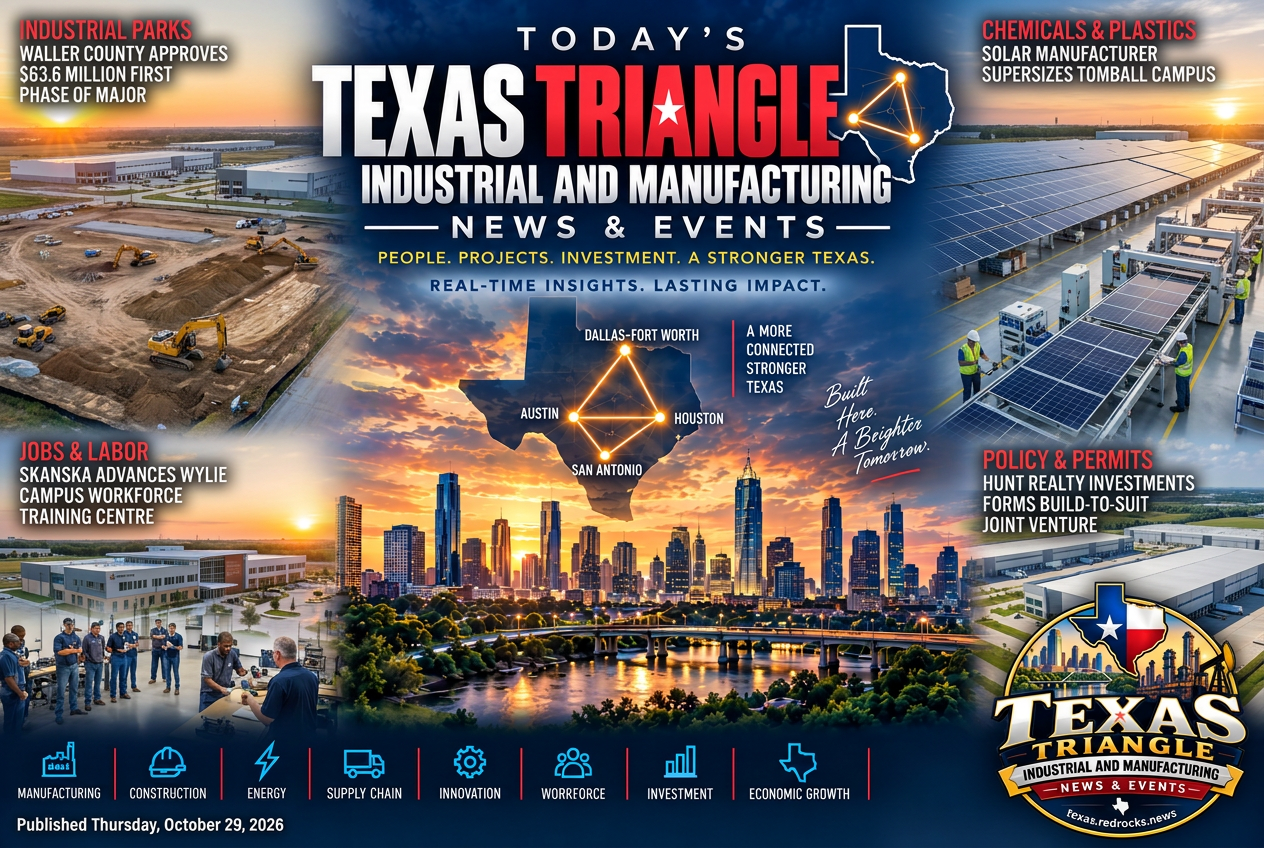 Illustrated summary of the top stories in the Texas Triangle Industrial and Manufacturing News & Events Briefing — October 29, 2026 briefing