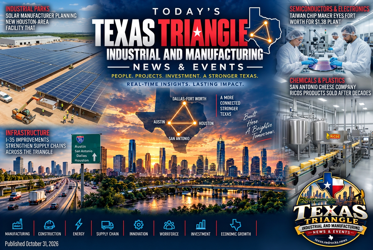 Illustrated summary of the top stories in the Texas Triangle Industrial and Manufacturing News & Events Briefing — October 31, 2026 briefing