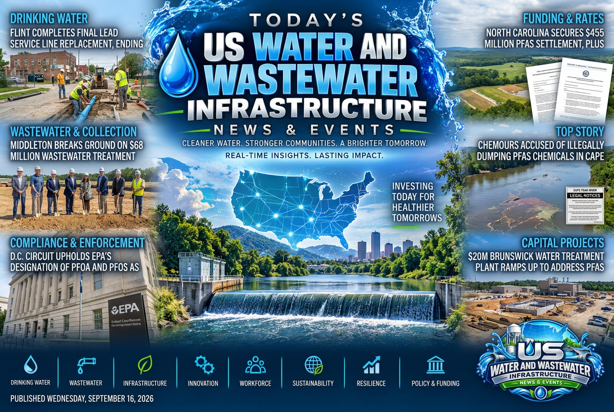 Illustrated summary of the top stories in the U.S. Water and Wastewater Infrastructure News & Events Briefing — September 16, 2026 briefing