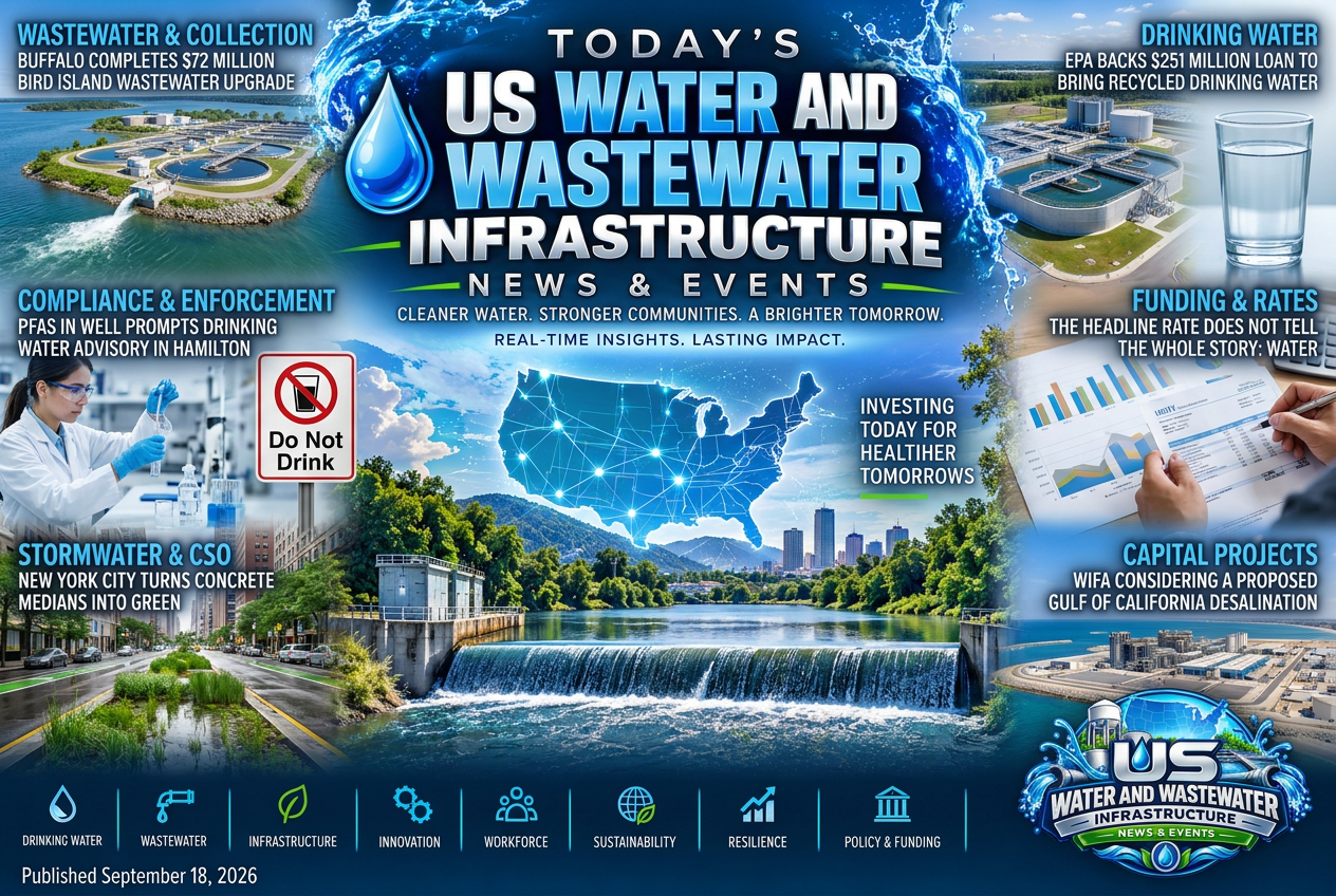 Illustrated summary of the top stories in the U.S. Water and Wastewater Infrastructure News & Events Briefing — September 18, 2026 briefing