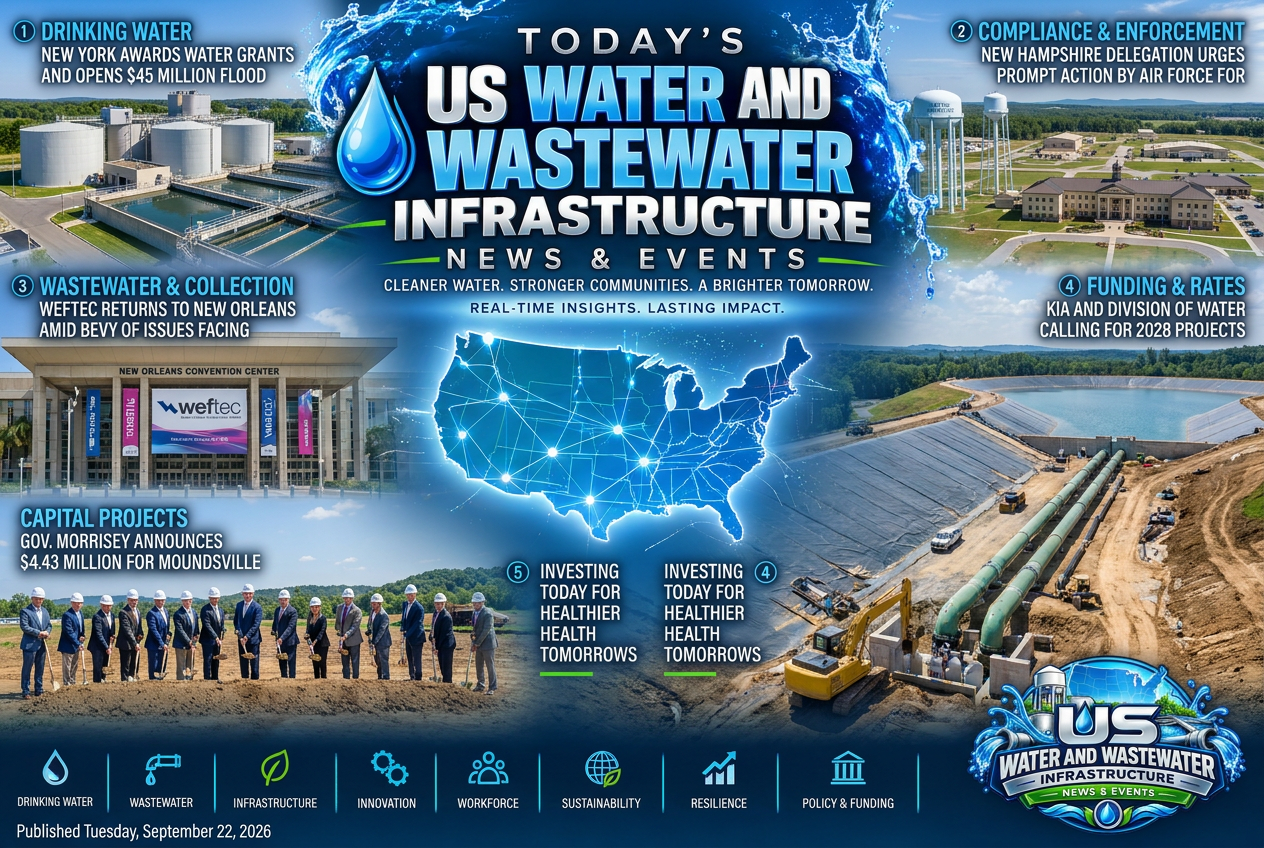 Illustrated summary of the top stories in the U.S. Water and Wastewater Infrastructure News & Events Briefing — September 22, 2026 briefing