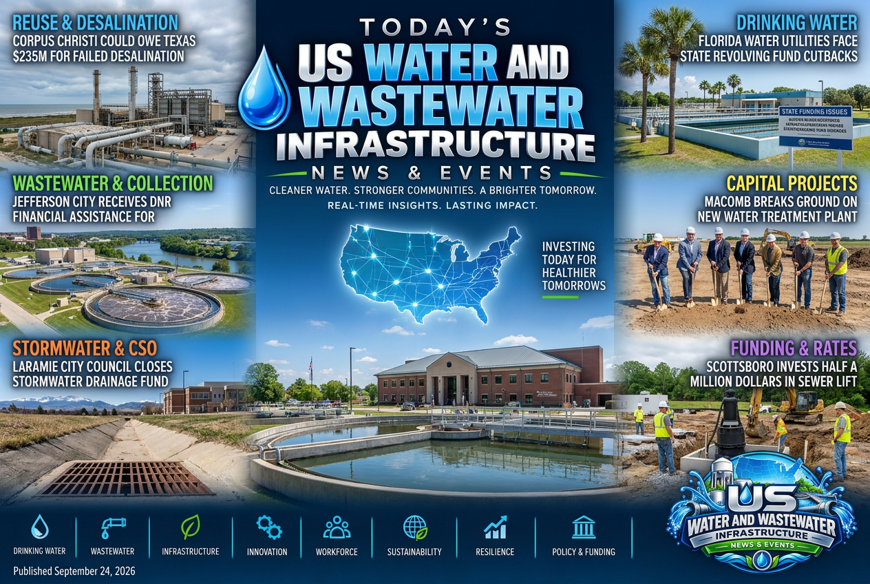 Illustrated summary of the top stories in the U.S. Water and Wastewater Infrastructure News & Events Briefing — September 24, 2026 briefing