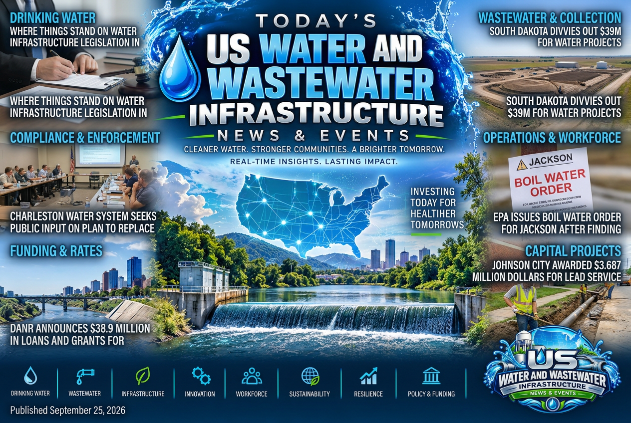 Illustrated summary of the top stories in the U.S. Water and Wastewater Infrastructure News & Events Briefing — September 25, 2026 briefing