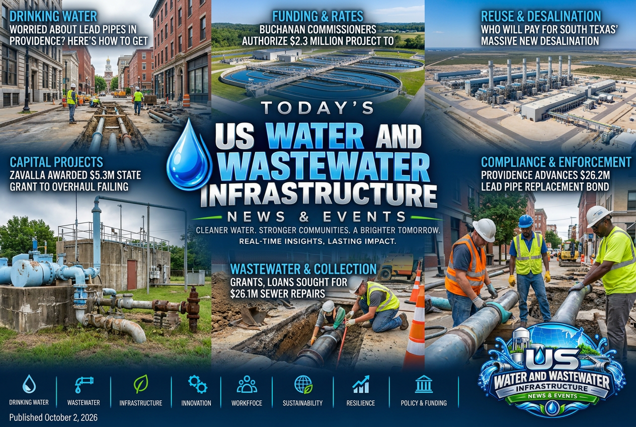 Illustrated summary of the top stories in the U.S. Water and Wastewater Infrastructure News & Events Briefing — October 2, 2026 briefing