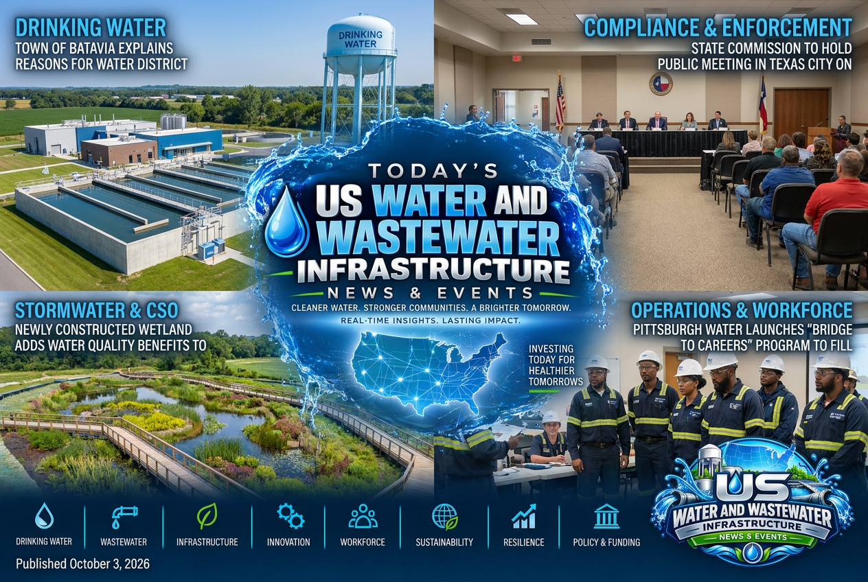 Illustrated summary of the top stories in the U.S. Water and Wastewater Infrastructure News & Events Briefing — October 3, 2026 briefing