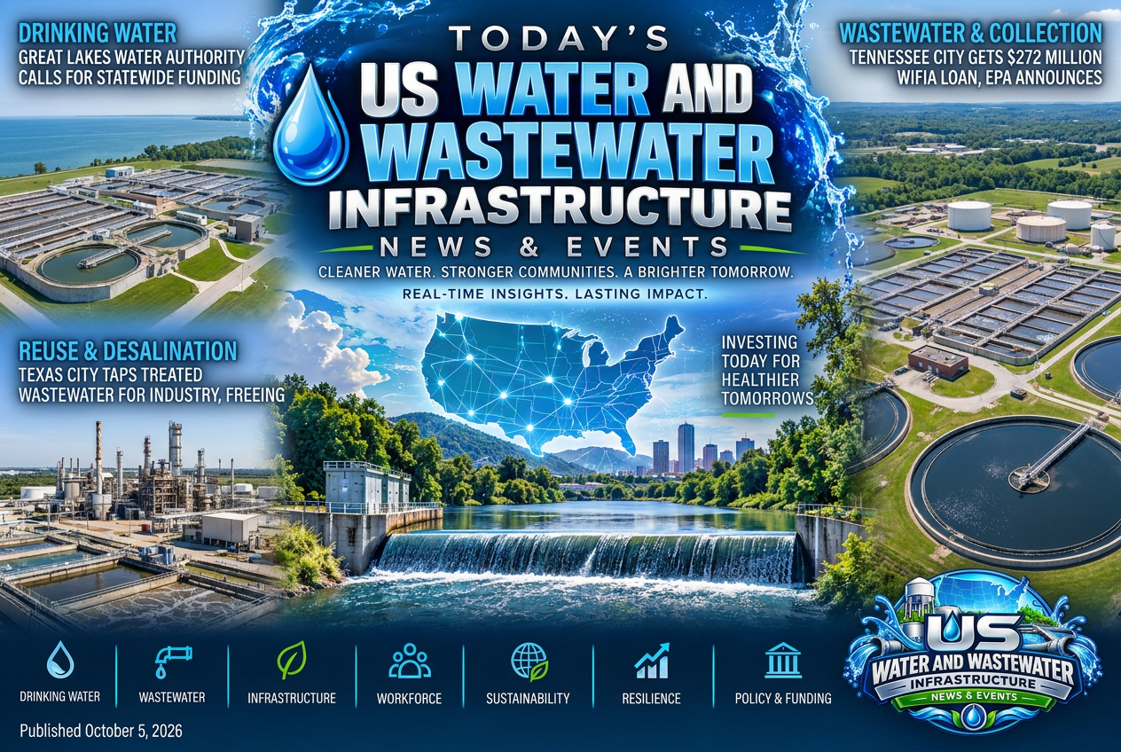 Illustrated summary of the top stories in the U.S. Water and Wastewater Infrastructure News & Events Briefing — October 5, 2026 briefing
