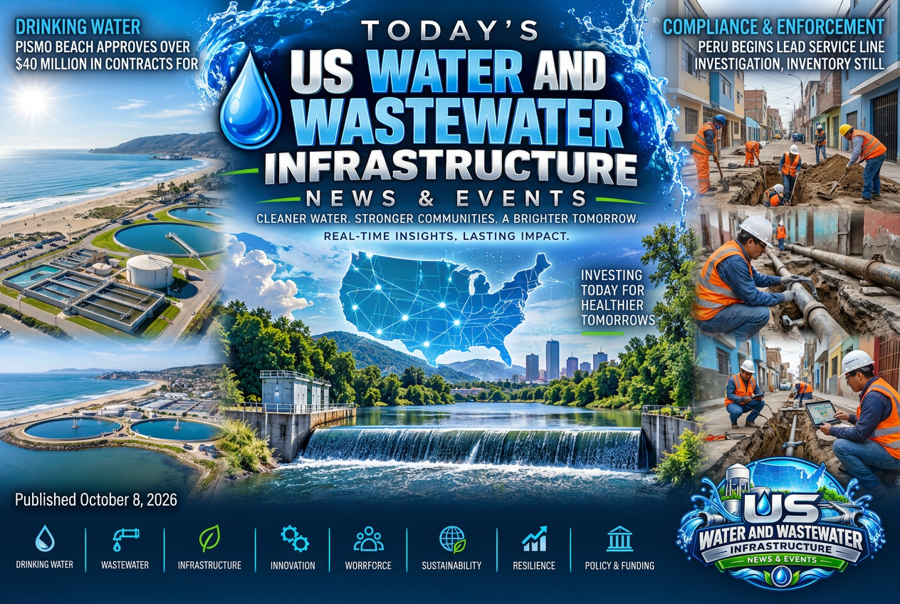 Illustrated summary of the top stories in the U.S. Water and Wastewater Infrastructure News & Events Briefing — October 8, 2026 briefing