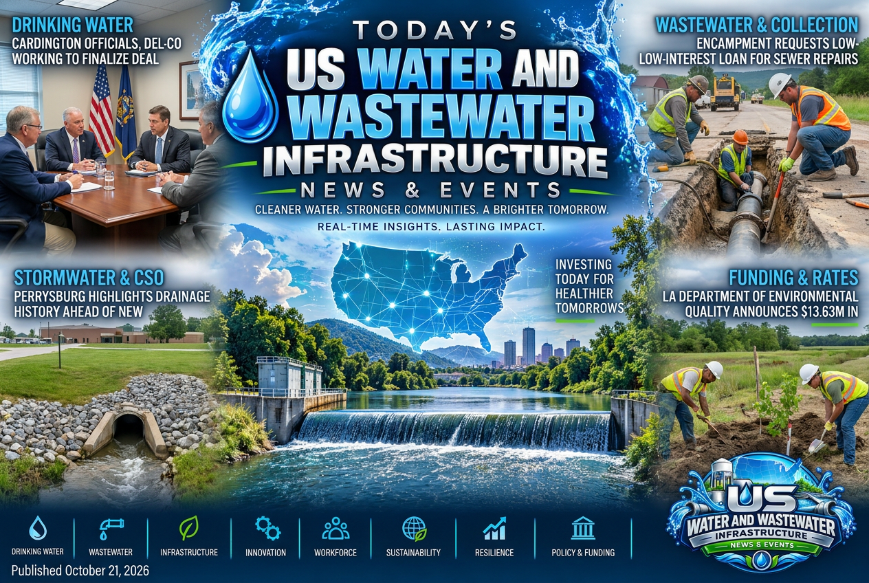 Illustrated summary of the top stories in the U.S. Water and Wastewater Infrastructure News & Events Briefing — October 21, 2026 briefing